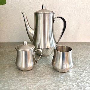 Vintage Dolphin Stainless Steel Tea Set – 3 Piece, Japanese Mid Century Modern Teapot, Creamer & Sugar – Stamped, Minimalist Tea/Coffee MCM