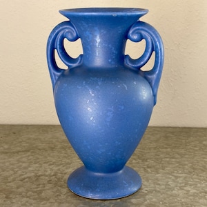 Vintage Niloak Pottery Vase Vibrant Blue Satin Matte Glaze - 6” Double Wing Handle, Art Deco American Ceramic Mid Century Modern Collectible