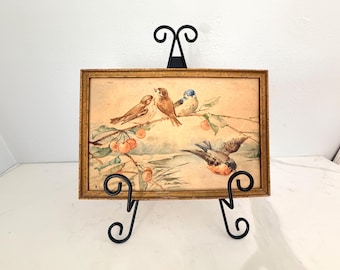 Pequeña acuarela vintage firmada: Pájaros en una rama de cerezos - Arte de pared pintado a mano de mediados de siglo, 30 x 20 cm.