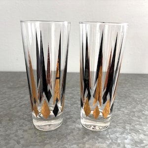 Vintage Federal Glasses Mid Century Black and Gold Diamond Geometric Tumblers - Set of 2 MCM Retro Cocktail Barware - 1950s Hi-ball Drinking