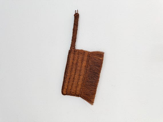 Vintage Handmade Coconut Palm Fiber Brush Mini Broom Mid Century Home Accent - Handheld Natural Fibers Side Handle & Hanging Loop Homeware