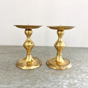 Vintage Brass Candle Holders – Ornate Pair with Decorative Rims & Patina – Set of 2 Pillar Mid Century Decor - Marked on Bottom with &quot;A&quot;