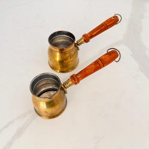 Vintage Brass Turkish Coffee Pots - Set of 2 Medium & Small Removable Wood Handle with Hanging Loop - Middle Eastern Egyptian Cezve Ibrik
