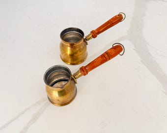 Vintage Brass Turkish Coffee Pots - Set of 2 Medium & Small Removable Wood Handle with Hanging Loop - Middle Eastern Egyptian Cezve Ibrik