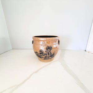 RARE Vintage 1985 Rowe Pottery Stoneware Salt Glaze Crock Deer / Buck - Handcrafted Large Utensil Holder Cobalt Blue Kitchen Storage Decor