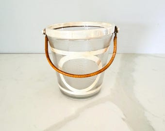 Cubo de hielo vintage RARO de plata de ley y vidrio esmerilado de la década de 1930, 5 unidades, Rockwell, mediados de siglo, superposición de plata, asa envuelta en ratán, Art Déco, difícil de encontrar.