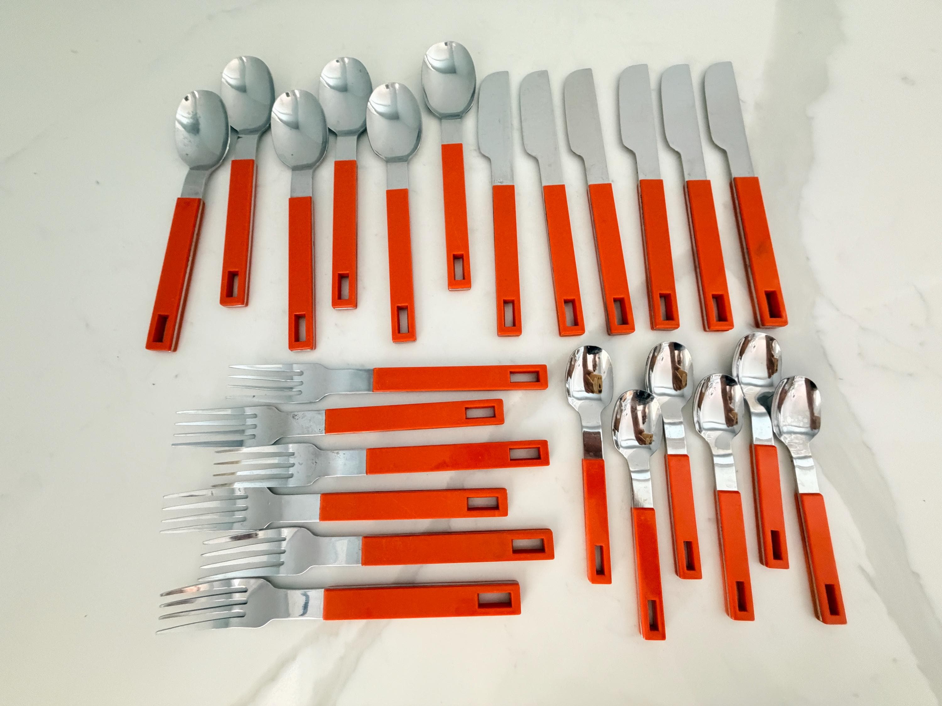 Vintage Yamaco Flatware Set of 24 Pieces Stainless Steel Orange Mid Century Retro Art Deco Silverware Serving Utensils Spoons, Forks, Knives