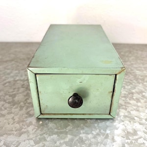 Vintage Industrial Metal Drawer Box in Sage Green, Small Steel Organizer, MCM Business Card Holder– Mid Century Modern Minimalistic Storage