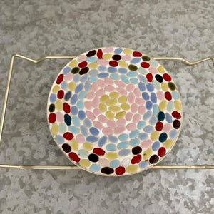 Vintage 1970s Mosaic Tile Trivet with Handles – Retro Round Hot Plate with Gold Handles – Colorful Mid Century Kitchen Decor - Serveware MCM