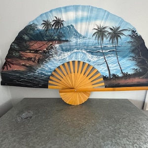 Vintage Asian Folding Wall Fan – Hand-Painted Ocean Scene – Large Oriental Decor – Bamboo & Paper Art Fan - Mid-Century Modern Wall Decor