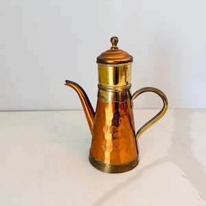 Vintage Vabelux Belgium Hammered Copper & Brass Teapot Removable Lid, Tea Infuser Coffee Pot Maker 9.5" Tall Artisan Mid Century Kitchenware