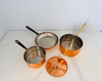 Vintage COPPER Set of 3 (2 Pots, 1 Lid, 1 Pan) Large Pot Marked Solid Copper Made in Korea Brass Handles French Country Kitchen Cookware