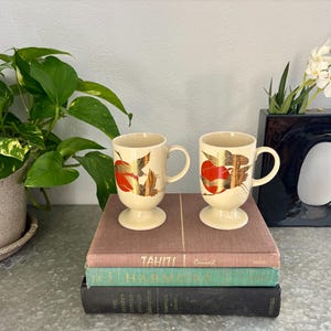 Vintage Mugs Japanese Pedestal Set of 2, 22kt Gold Cranes & Red Sun Design, Ivory Porcelain 1970s, Mid Century Modern, MCM Coffee or Tea MCM