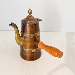 Vintage Hammered Copper & Brass Teapot Mexico Cobre Tlaquepaque Valdez Removable Wood Handle Coffee Pot Hinged Lid 7" Tall Artisan Teapot