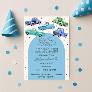 Vintage Retro Classic Boho Old Rustic Truck Children Birthday Party Instant Digital Download Editable Invitation