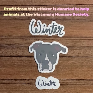 May include: Three stickers on a wooden surface. The top sticker has the word "Winter" in a cursive font. Below is a sticker of a dog's face. The bottom sticker also says "Winter".