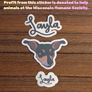 May include: Three stickers on a wood grain background. Two stickers have the name "Layla" in cursive. The third sticker is a dog's face with black, brown, and pink coloring. The text at the top says "Profit from this sticker is donated to help animals at the Wisconsin Humane Society."
