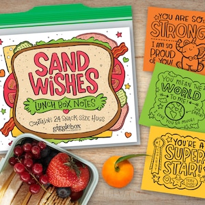 May include: A set of 24 colorful lunchbox notes with fun illustrations and encouraging messages like "You are so strong!" and "You mean the world to me!" The notes are packaged in a clear plastic bag with a sandwich illustration and the text "Sand Wishes Lunch Box Notes".