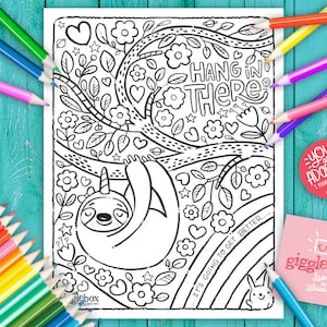 Printable Coloring Page, Instant Download, Printable, Hang in There, Sloth