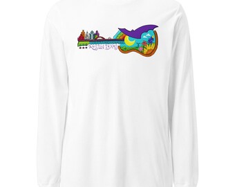 Adult Long Sleeve White T-Shirt, Bat, Guitar, Austin, Texas, Live Music, Bluebonnet, Unisex Fit, Casual Apparel Shirt, Clothing, Sleepwear
