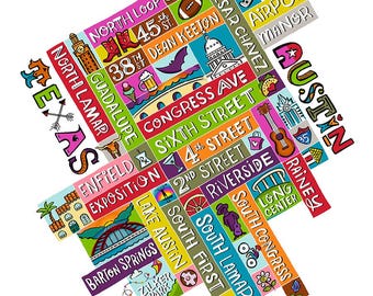 Downtown Austin Texas Art Print – Original Colorful Hand Drawn Poster – Instant Download
