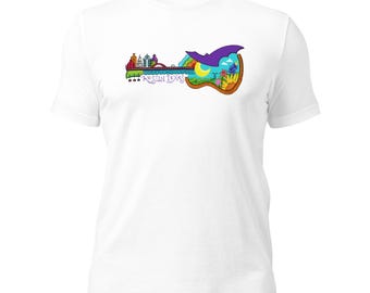 Adult Short Sleeve White T-Shirt, Bat, Guitar, Austin, Texas, Live Music, Bluebonnet, Unisex Fit, Casual Apparel Shirt, Clothing, Sleepwear