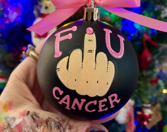 Custom Hand Painted Ornament, Personalized Holiday Portrait Christmas Tree, FU Cancer, Survivor, Warrior, Support, Fight