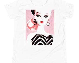 Children's Short Sleeve White T-Shirt, Pop Art, Classic Vintage Fashion Doll, Pink, Play, Youth Apparel Shirt Clothing, Sleepwear