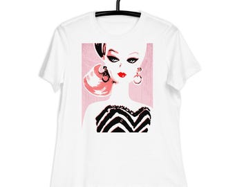 Adult Short Sleeve White T-Shirt, Pop Art, Classic Vintage Fashion Doll, Pink, Relaxed Fit, Casual Apparel Shirt Clothing, Sleepwear