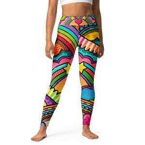 May include: Colorful high-waisted leggings with a geometric pattern featuring rainbows, stars, hearts, and clouds. The leggings are made of a stretchy, comfortable fabric and are perfect for yoga, running, or any other workout.