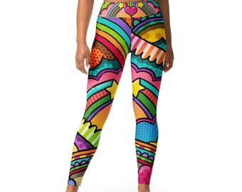 Leggings "Positively Radiant" Pop Art Hearts Rainbows, Stars, Patterns, Yoga Activewear, Stretchy Soft Workout Relaxing Party Pants Apparel