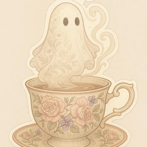 May include: Illustration of a whimsical ghost rising from a teacup. The ghost is adorned with floral patterns and steam. The teacup and saucer are decorated with roses and other flowers in soft pastel colors, creating a charming and ethereal scene.