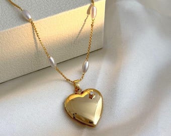 Collar con medallón en forma de corazón y foto, medallón dorado, collar de corazón, collar de perlas, para hermanos, regalo personalizado para ella, Día de la Madre