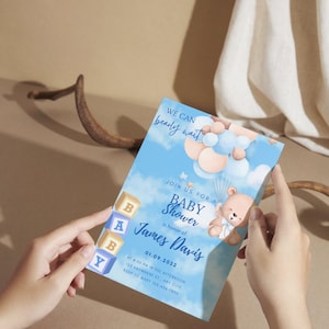 Digital Boy Baby Shower Invitation Templates, Electronic Bear Baby Shower Evite, Balloon Baby Shower Party Invitation, Instant Download Boy