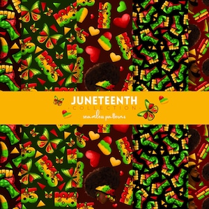 May include: A collection of Juneteenth seamless patterns. The patterns feature fists, butterflies, hearts, and portraits in red, green, yellow, and black. The text "Juneteenth Collection" is displayed on a yellow banner.