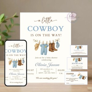 Modello di invito per baby shower a tema cowboy, invito "Un piccolo cowboy è in arrivo", baby shower blu polvere per bambini, stendibiancheria da cowboy, rodeo per bambini