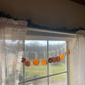 Peut inclure: Une fenêtre encadrée de rideaux en dentelle blanche et une guirlande de tranches d'orange séchées. La guirlande est tendue devant la fenêtre, avec les tranches d'orange suspendues devant la vitre. De la verdure est au-dessus du cadre de la fenêtre.