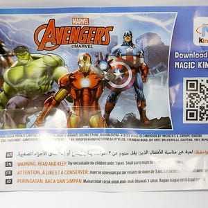 May include: A Marvel Avengers-themed product packaging featuring illustrations of Thor, Hulk, Iron Man, and Captain America. The packaging includes the Avengers logo and text that says "Download the FREE MAGIC KINDER APP".