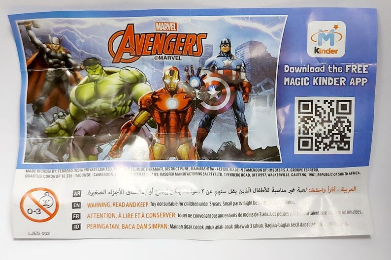May include: A Marvel Avengers-themed product packaging featuring illustrations of Thor, Hulk, Iron Man, and Captain America. The packaging includes the Avengers logo and text that says "Download the FREE MAGIC KINDER APP".
