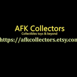 May include: Image of the text "AFK Collectors" in yellow, with the tagline "Collectibles toys & beyond" below it. The Etsy shop URL "https://afkcollectors.etsy.com" is displayed in yellow on a black background.