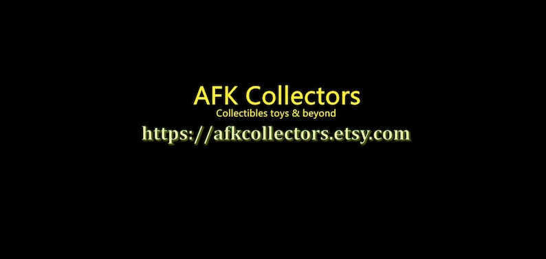 May include: Image of the text "AFK Collectors" in yellow, with the tagline "Collectibles toys & beyond" below it. The Etsy shop URL "https://afkcollectors.etsy.com" is displayed in yellow on a black background.