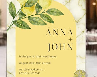 Può includere: Modello di invito di nozze con un design in marmo giallo e bianco. L'invito presenta limoni ad acquerello e foglie verdi. I nomi "ANNA + JOHN" sono visualizzati in un font moderno, insieme ai dettagli dell'evento.