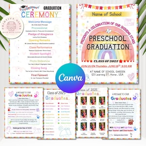 Pode incluir: Um conjunto de programas e convites para uma cerimónia de formatura pré-escolar. O design apresenta um arco-íris, estrelas e o texto "Preschool Graduation Class of 2025". O programa detalha o cronograma da cerimónia.