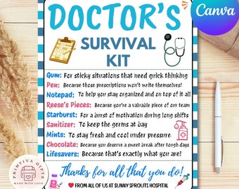 Doctor's Survival Kit Tag: Printable Healthcare Gift (Canva Editable, Digital Download)