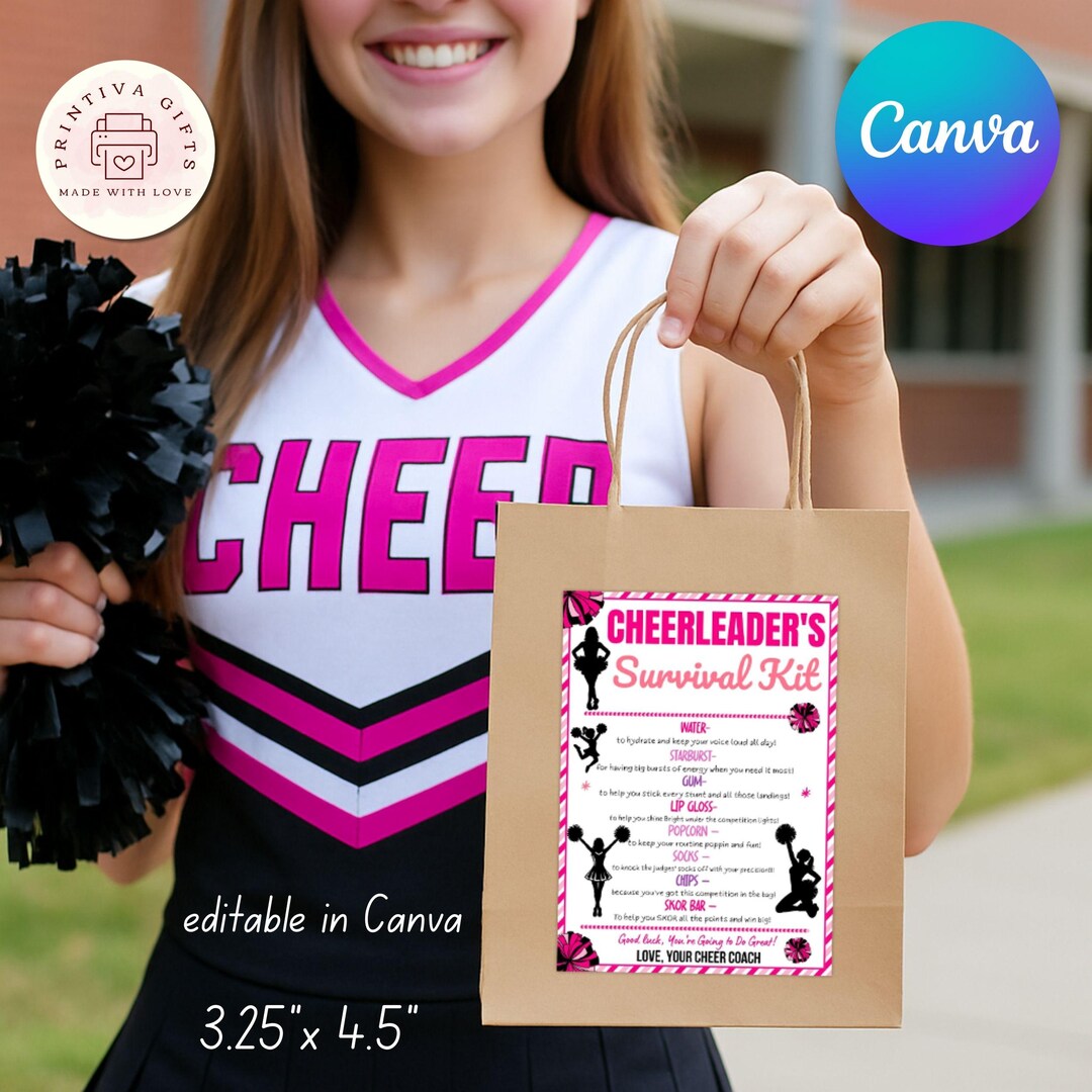 Cheerleader Survival Kit Canva Template, Editable Cheer Coach Gift Tag ...