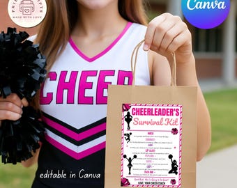 May include: A brown paper gift bag with a pink and white label that reads "Cheerleader's Survival Kit." The bag is held by a person wearing a cheerleading uniform. The bag measures 3.25" x 4.5".