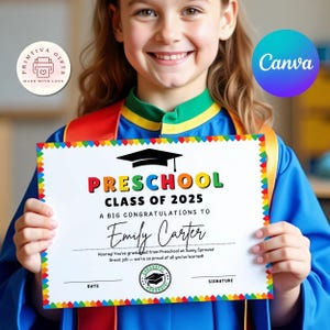 Editable Preschool Graduation Certificate Template - Cute Kids Diploma, End of Year Award, Instant Download, Class of 2025 Editable Canva
