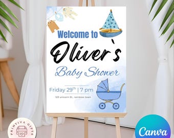 Cartello di benvenuto per baby shower blu: modello Canva modificabile (poster stampabile 18x24)