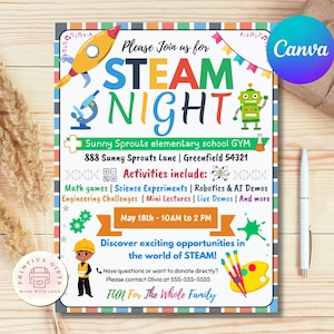 Editable Family STEAM Night Flyer | PTA PTO School Event Template | Printable Family Night Poster | Canva Flyer for Teachers