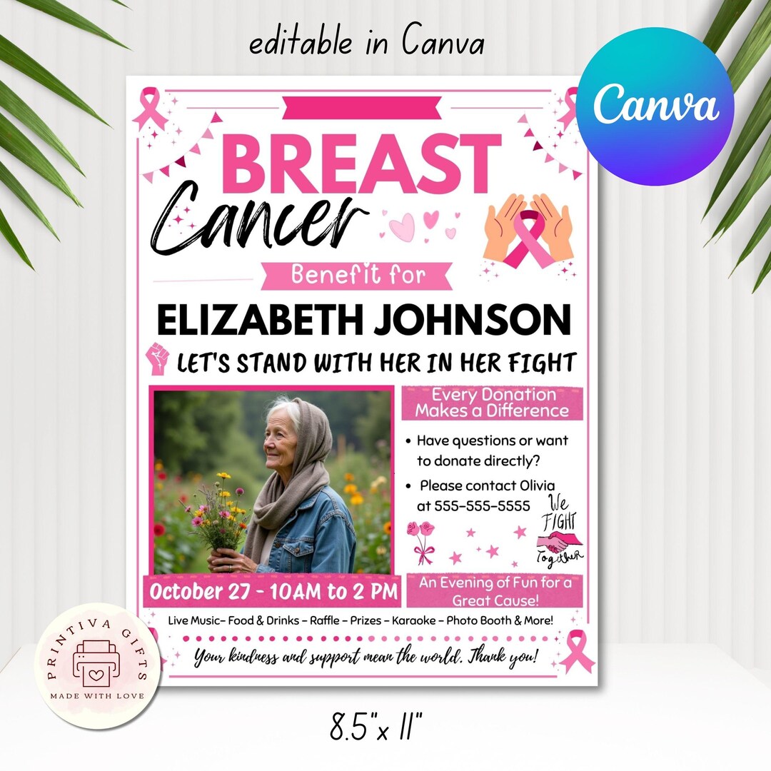 Cancer Raffle Posters Breast Cancer Fundraiser Flyer Template | Editable Canva Pink Ribbon ...